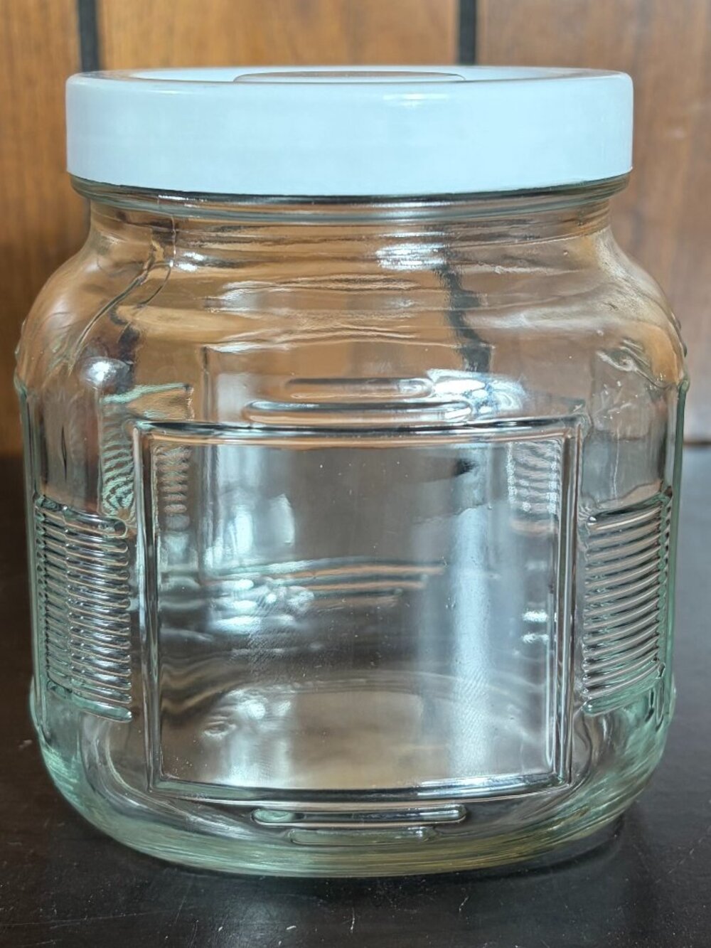 Vintage Kitchen Hoosier Art Deco Ribbed Glass Cannister Jar w/ White Lid
